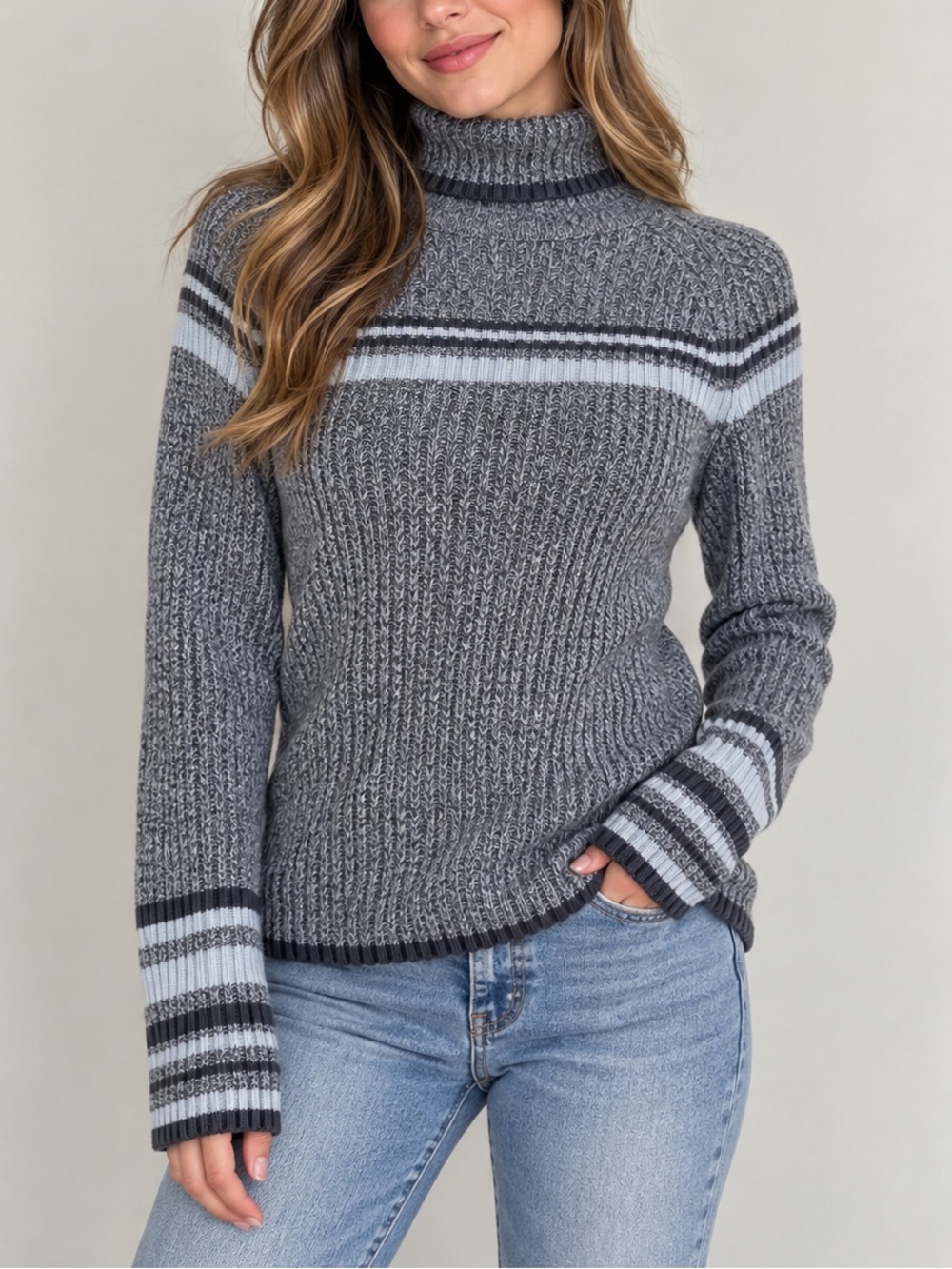 Jana Vintage Gray Ribbed Knit Striped Turtleneck Women Sweater  Y2K Size L